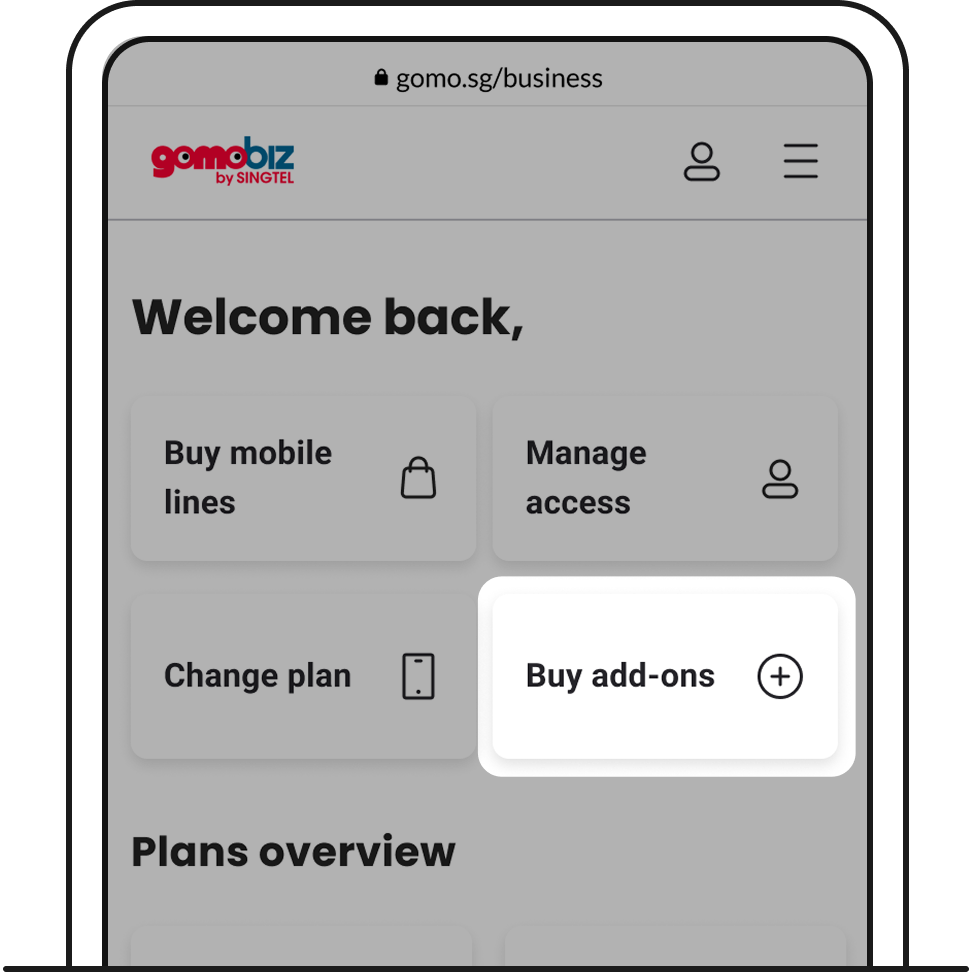 Log in to your GOMOBiz account. Click Buy add-ons.