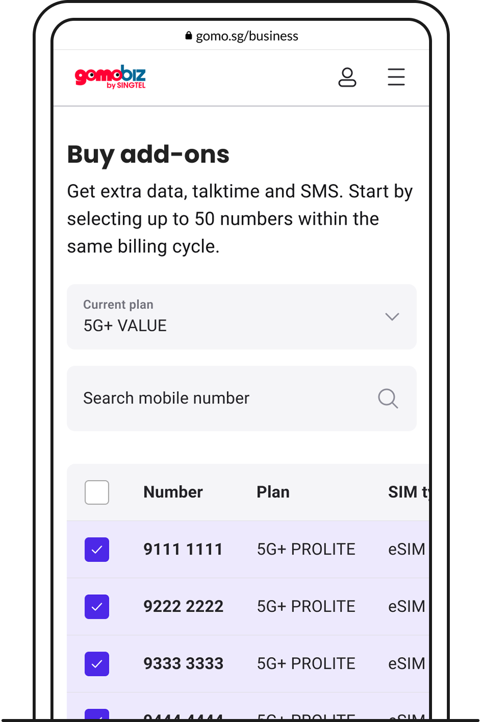 Buy add-ons for the selected mobile numbers