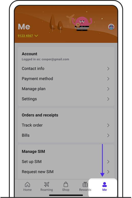 Go to Me tab on GOMO app.