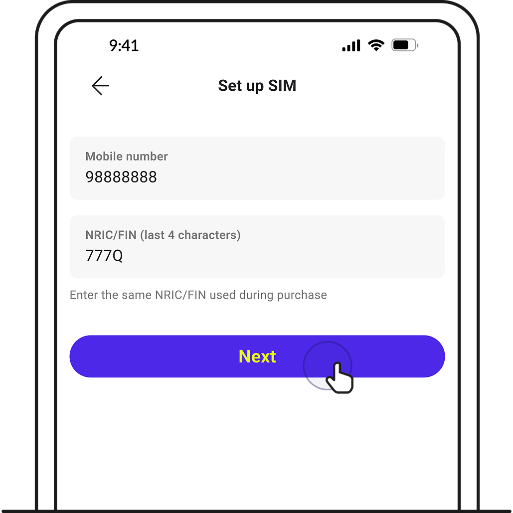 Enter details to set up SIM on GOMO app.