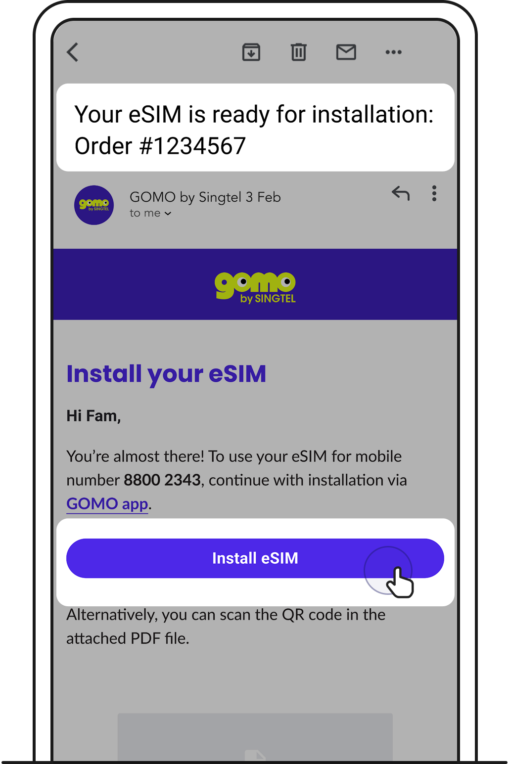 Tap install eSIM on your eSIM installation email.