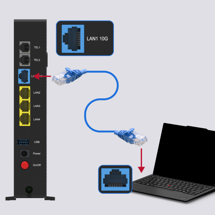 Connect your device (e.g. laptop) LAN port directly to the ONT’s LAN port.