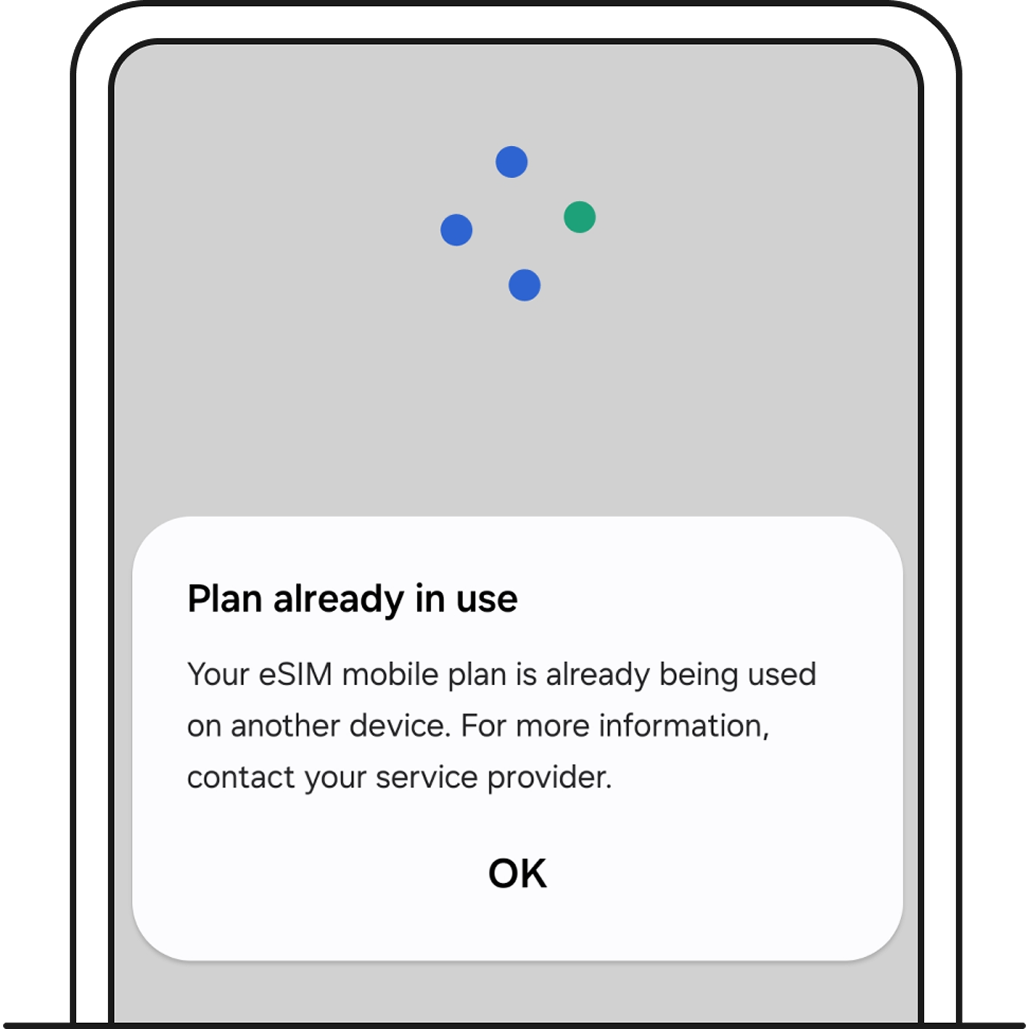 Android error message shown when your eSIM is already installed on a mobile device.