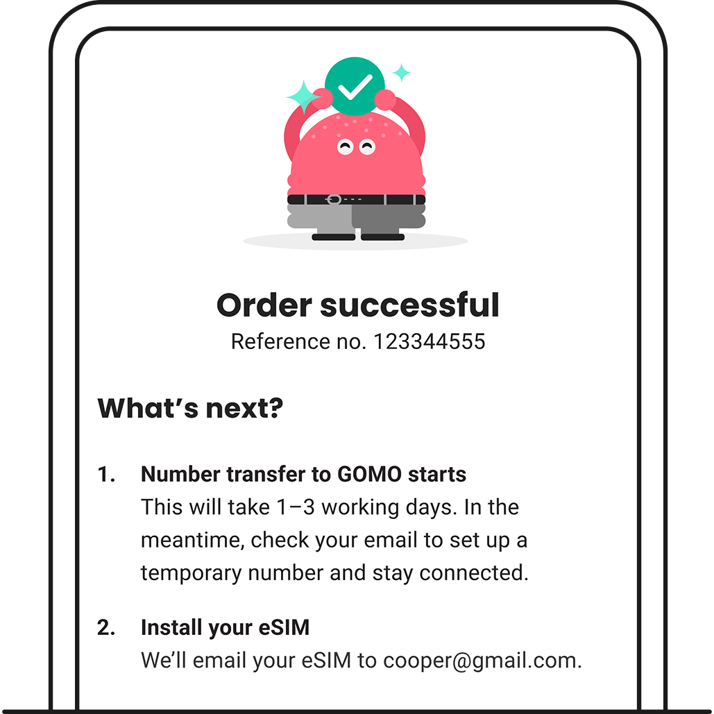 eSIM order confirmation screen after submitting number port-in to GOMO.