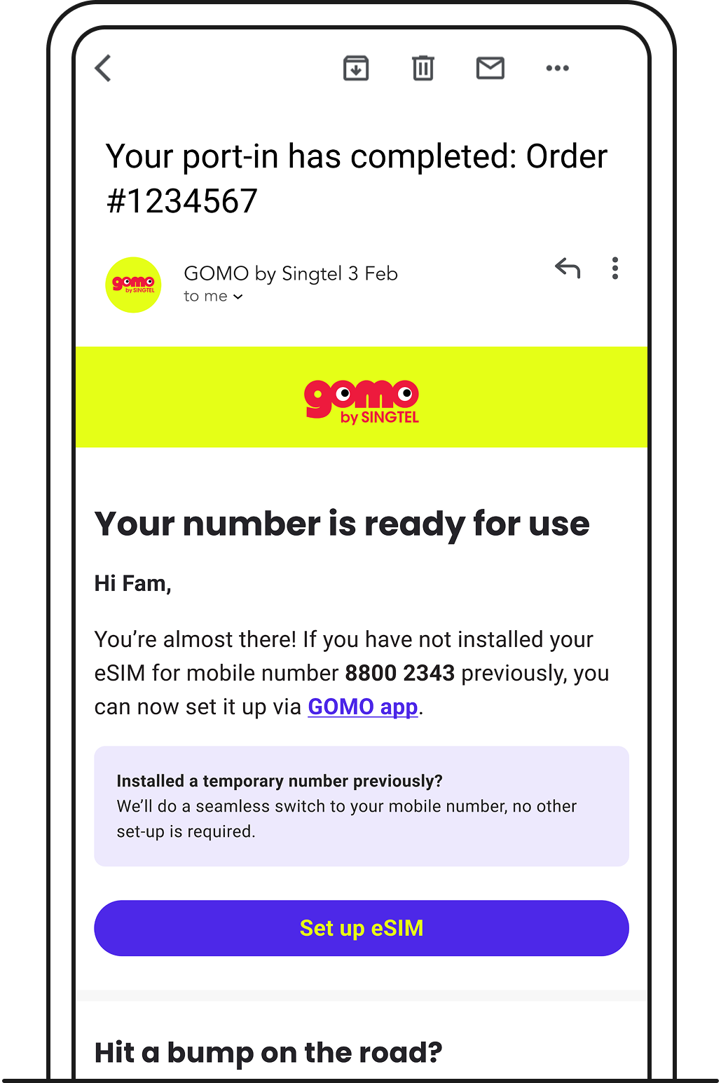 Port-in completion email. 