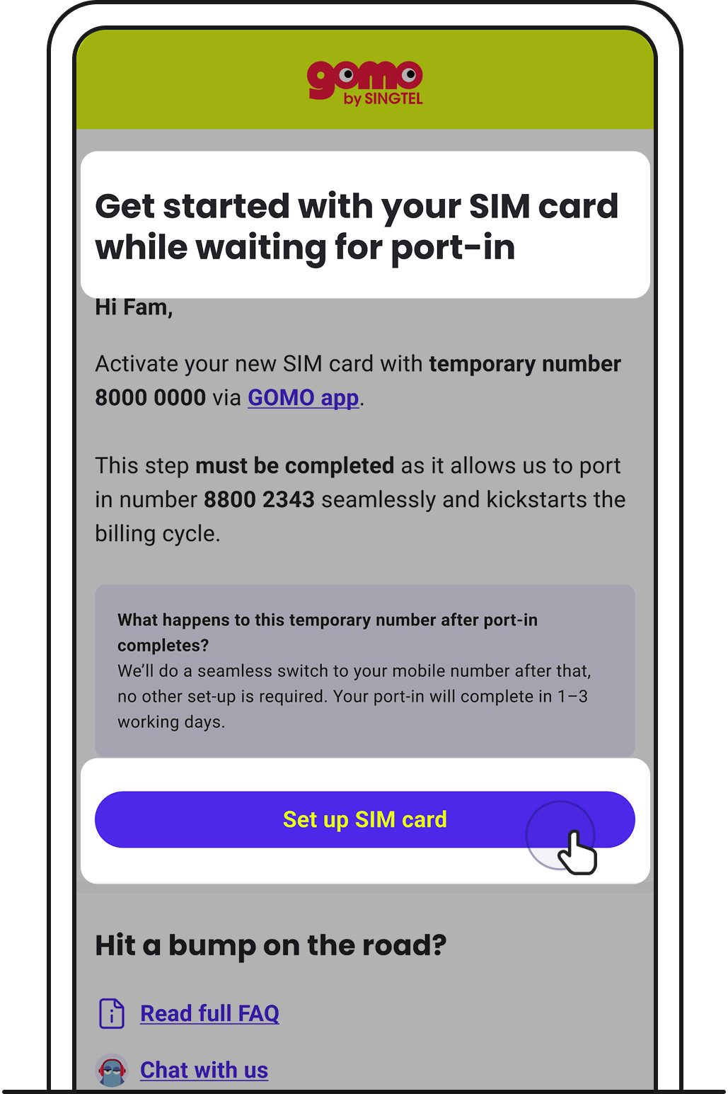 Tap Set up SIM card on your email.