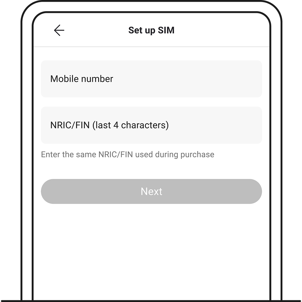 Enter the relevant details to set up SIM card.