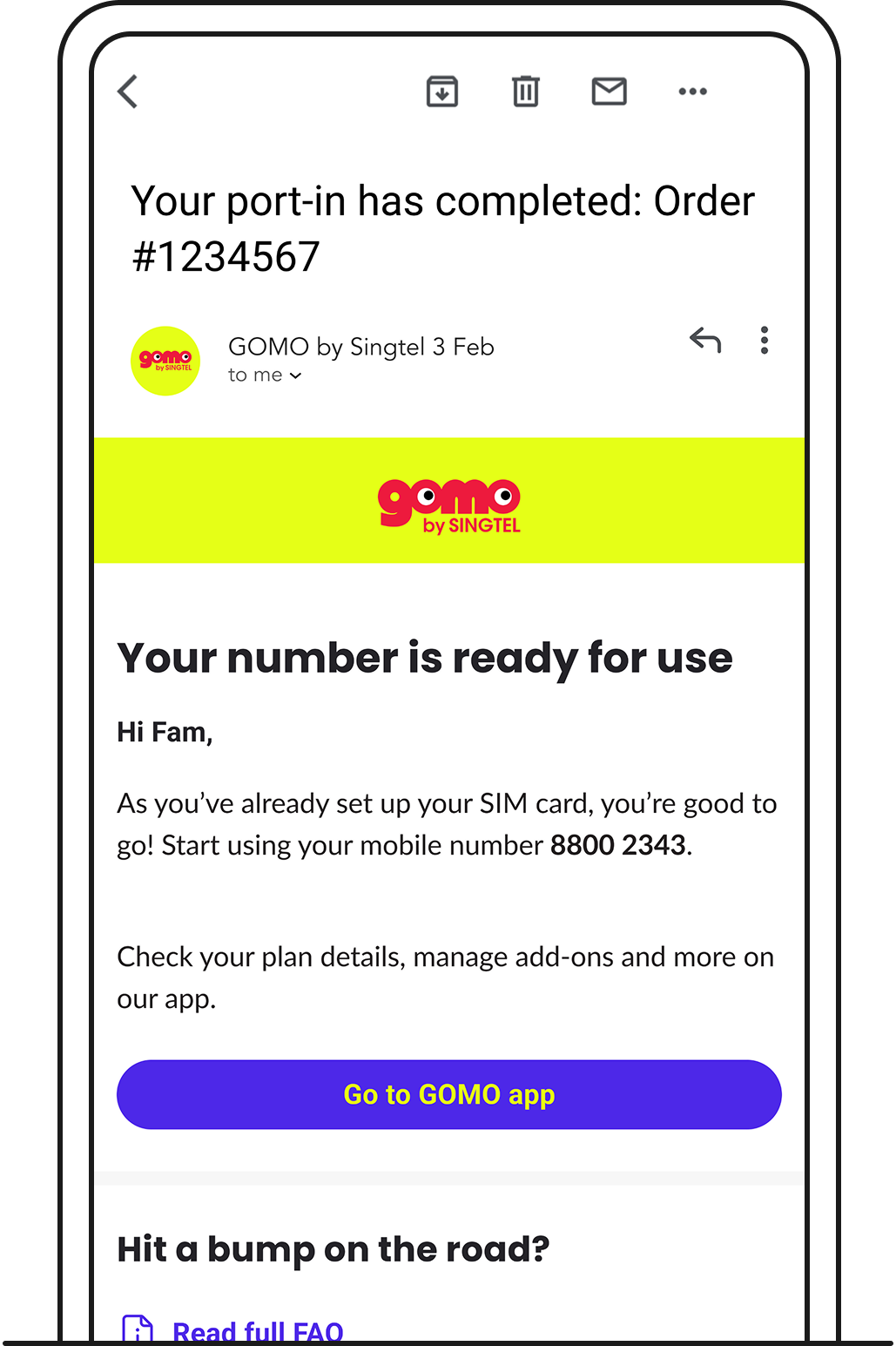 Port-in completion email.