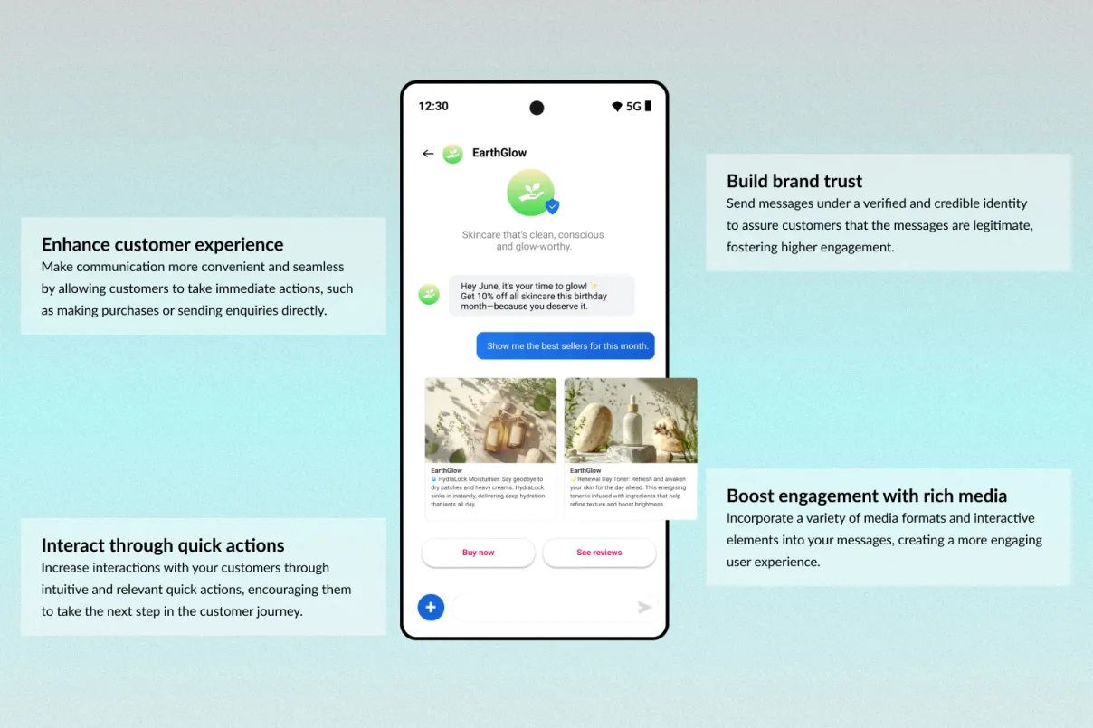 Infographic listing benefits of RCS messaging: enhance customer experience, interact through quick actions, build brand trust, and boost engagement with rich media.