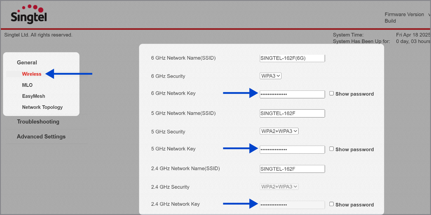 Click Wireless and update the relevant passwords.
