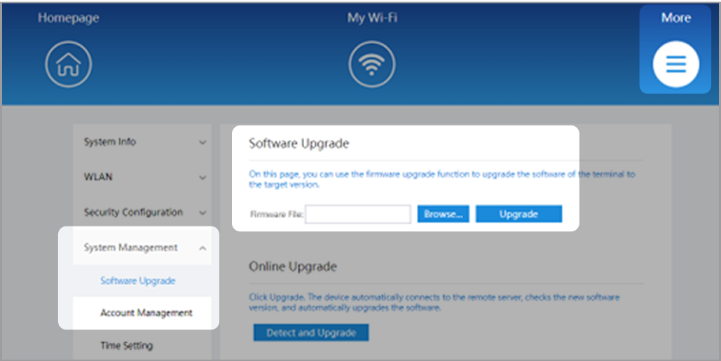 Click Browse and choose the firmware update file. Next, click Upgrade and wait 3–4 minutes until the success message is displayed.