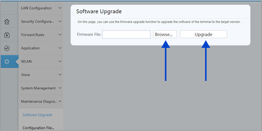Click Browse and choose the firmware update file. Next, click Upgrade and wait 3–4 minutes until the success message is displayed.