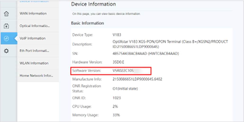 Verify the updated version. On the FTTR ONR web page, choose System Info > Device Information and check if the software version has been updated. 