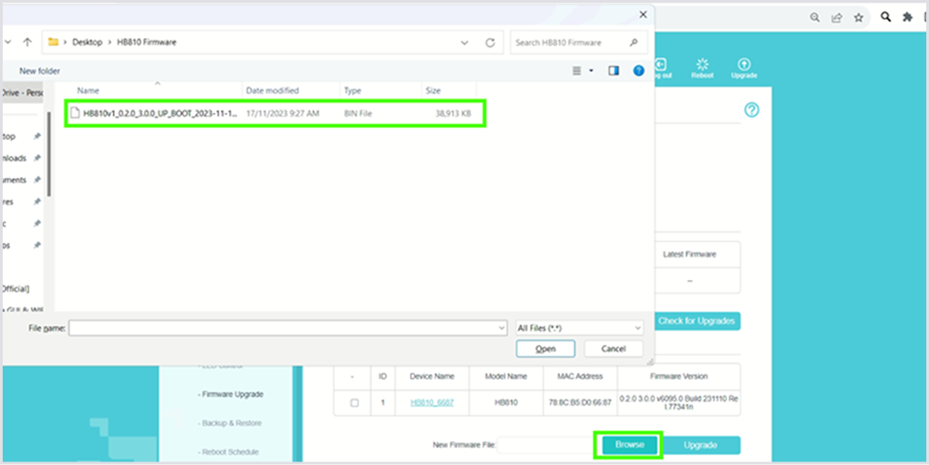Click Browse and choose firmware (.bin) files.
