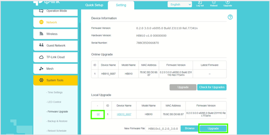 Tick the HB810 and click Upgrade.