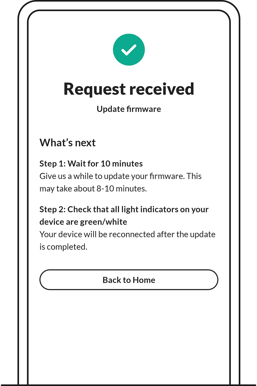 Confirmation screen after firmware has been updated.