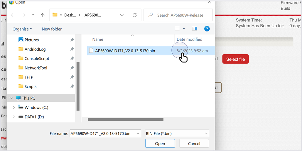 Click Select file to upload the file.
