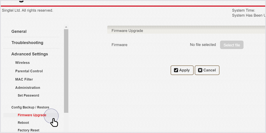 Go to Advanced Settings > Administration > Firmware Upgrade.