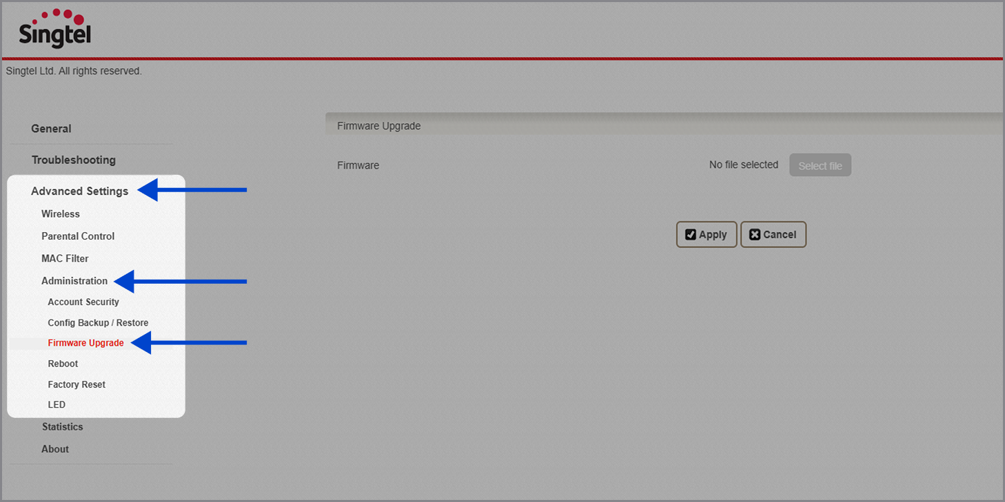 Go to Advanced Settings > Administration > Firmware Upgrade.