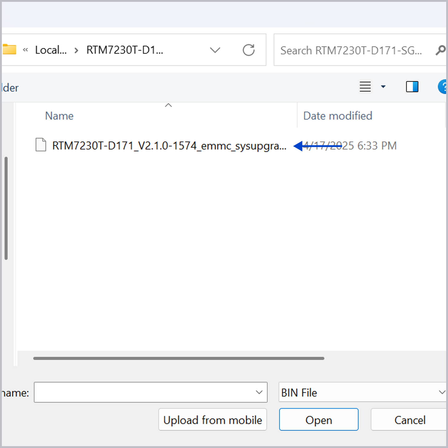 Click Select file and choose the latest firmware that was downloaded in step 1.