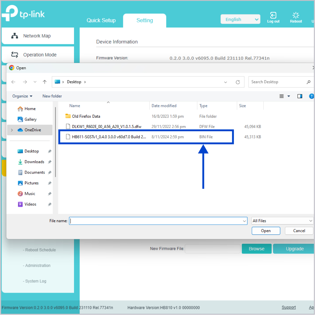 Select firmware file (in .bin format).    